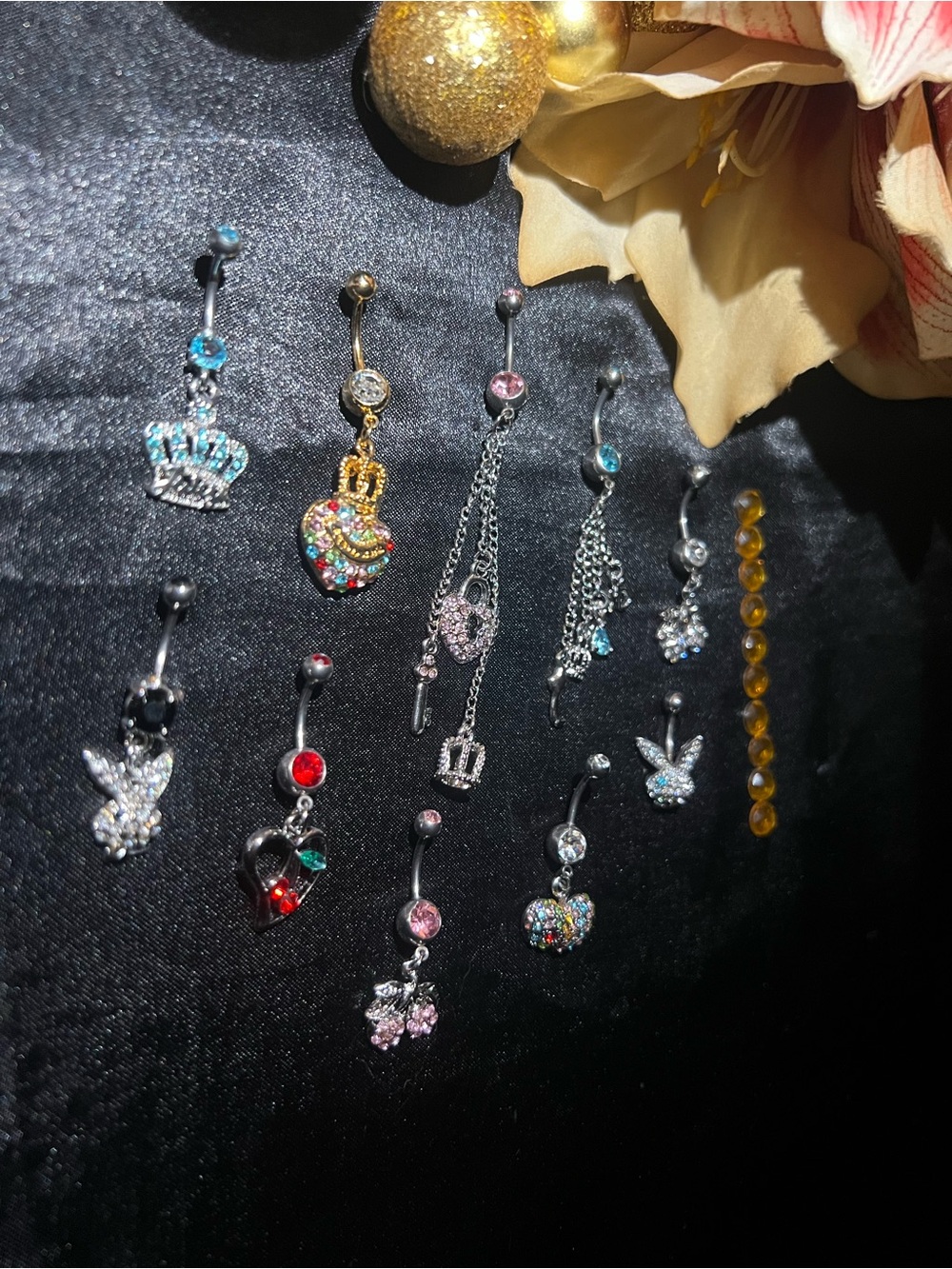 10 Piece Silver & Multicolor Belly Ring Set – Assorted Crystal Dangles